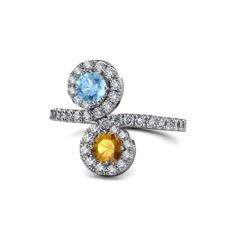 Kevia Blue Topaz and Citrine with Side Diamonds Bypass Ring 