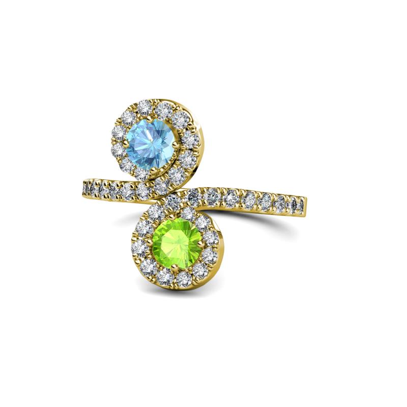Kevia Blue Topaz and Peridot with Side Diamonds Bypass Ring 