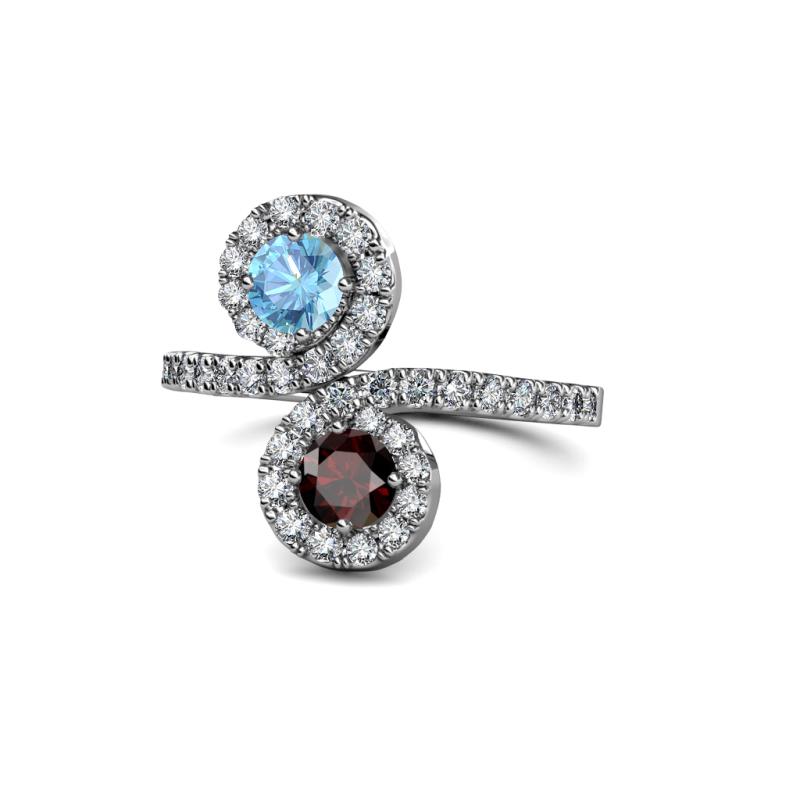Kevia Blue Topaz and Red Garnet with Side Diamonds Bypass Ring 
