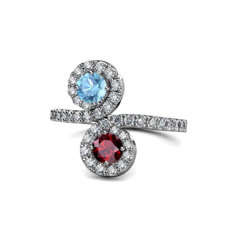 Kevia Blue Topaz and Ruby with Side Diamonds Bypass Ring 
