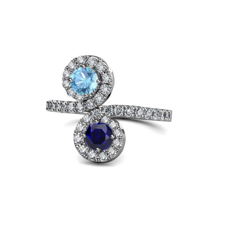 Kevia Blue Topaz and Blue Sapphire with Side Diamonds Bypass Ring 