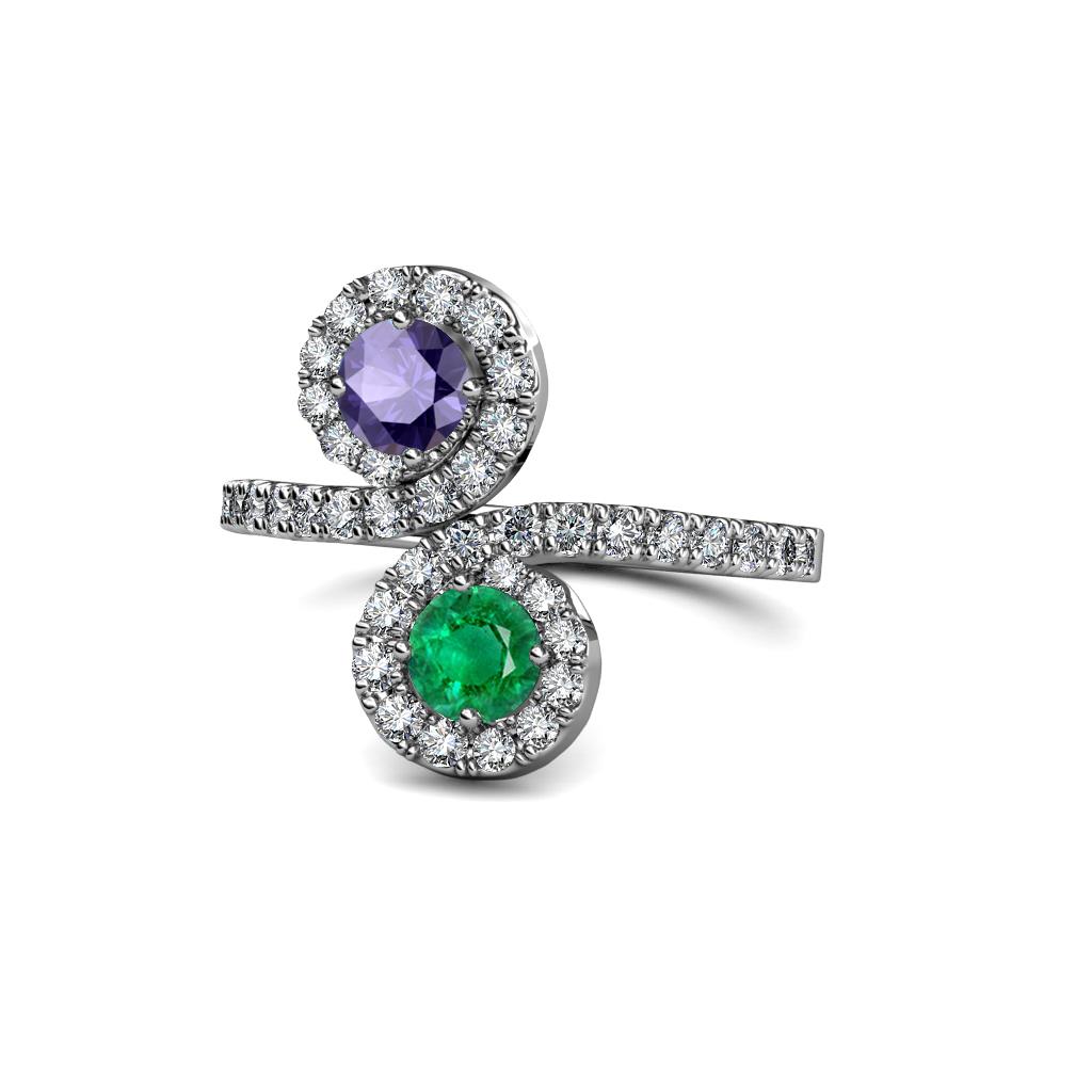 Kevia Iolite and Emerald with Side Diamonds Bypass Ring 