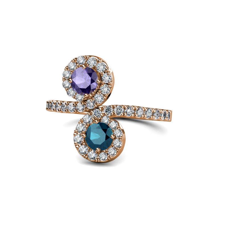 Kevia Iolite and Blue Diamond with Side Diamonds Bypass Ring 