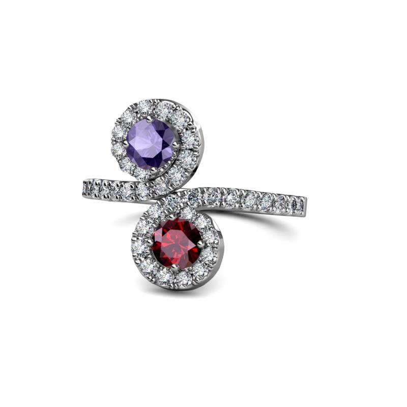 Kevia Iolite and Ruby with Side Diamonds Bypass Ring 