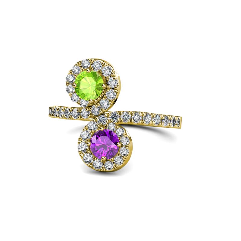 Kevia Peridot and Amethyst with Side Diamonds Bypass Ring 