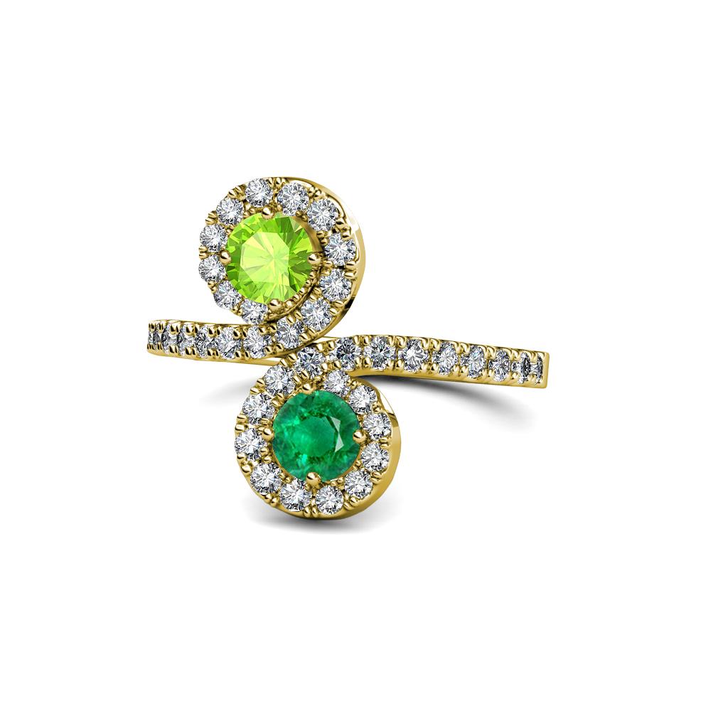 Kevia Peridot and Emerald with Side Diamonds Bypass Ring 
