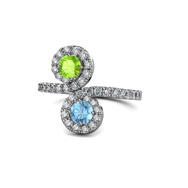 Kevia Peridot and Blue Topaz with Side Diamonds Bypass Ring 