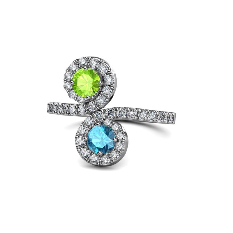 Kevia Peridot and London Blue Topaz with Side Diamonds Bypass Ring 