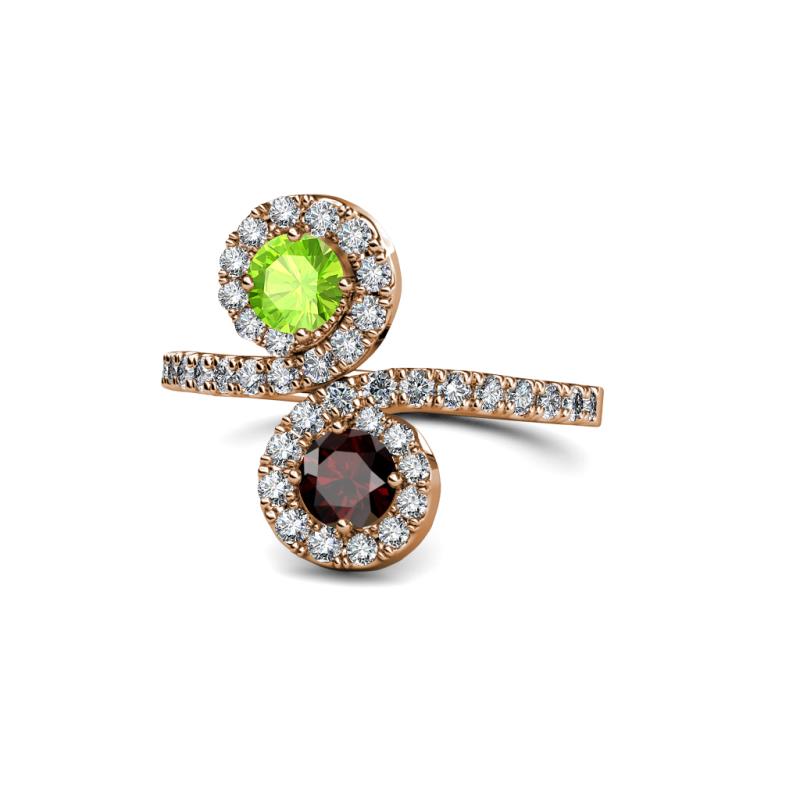 Kevia Peridot and Red Garnet with Side Diamonds Bypass Ring 