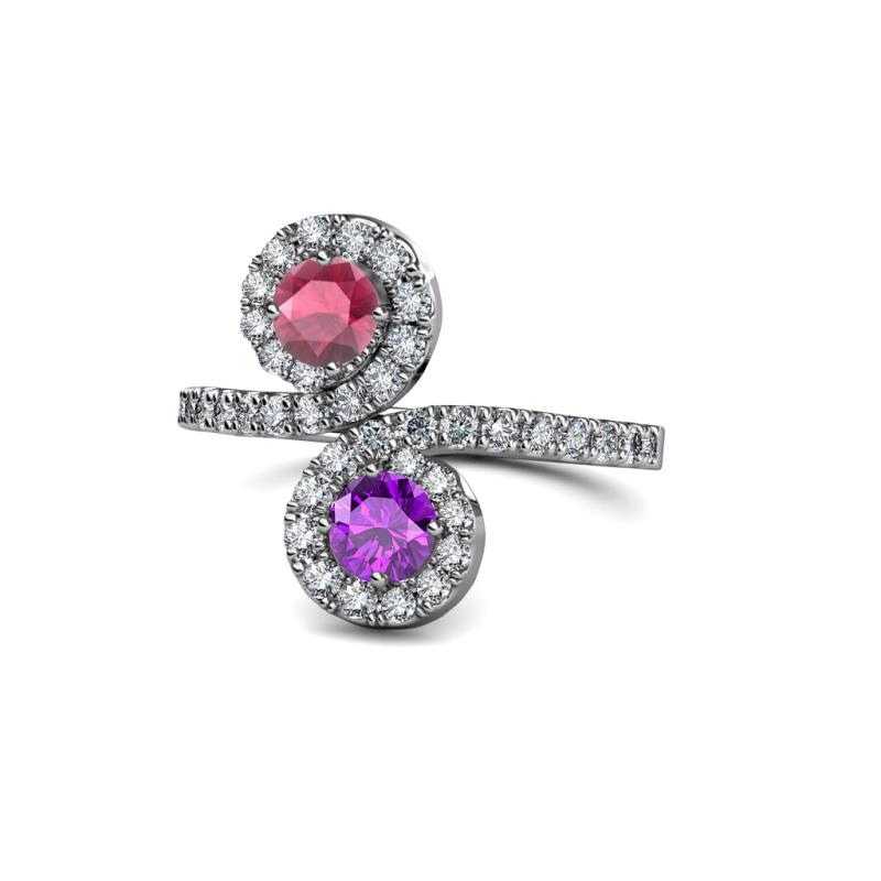 Kevia Rhodolite Garnet and Amethyst with Side Diamonds Bypass Ring 
