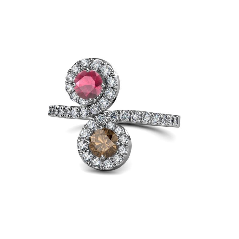 Kevia Rhodolite Garnet and Smoky Quartz with Side Diamonds Bypass Ring 