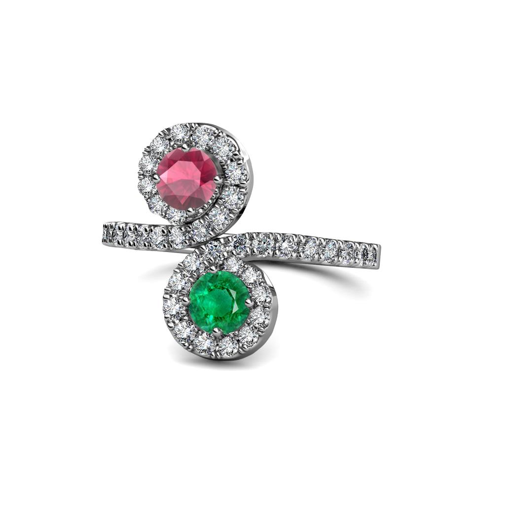 Kevia Rhodolite Garnet and Emerald with Side Diamonds Bypass Ring 