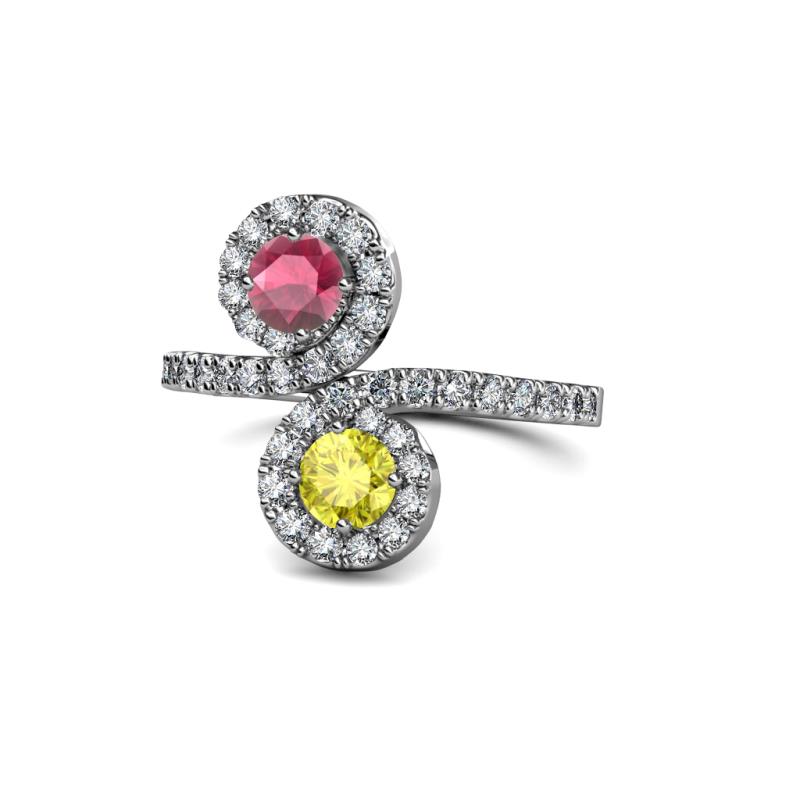 Kevia Rhodolite Garnet and Yellow Diamond with Side Diamonds Bypass Ring 