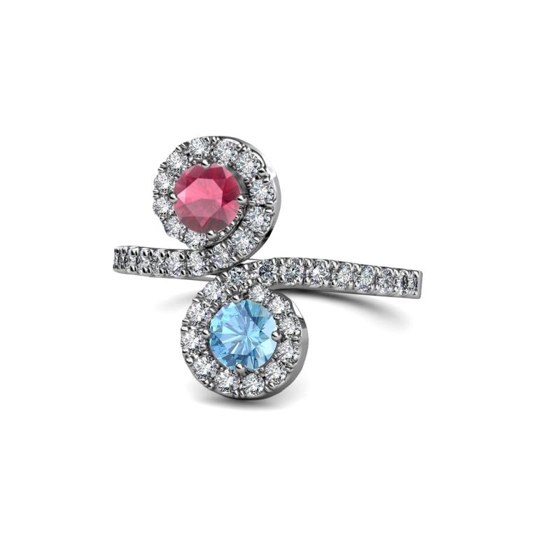 Kevia Rhodolite Garnet and Blue Topaz with Side Diamonds Bypass Ring 