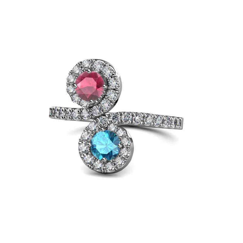 Kevia Rhodolite Garnet and London Blue Topaz with Side Diamonds Bypass Ring 
