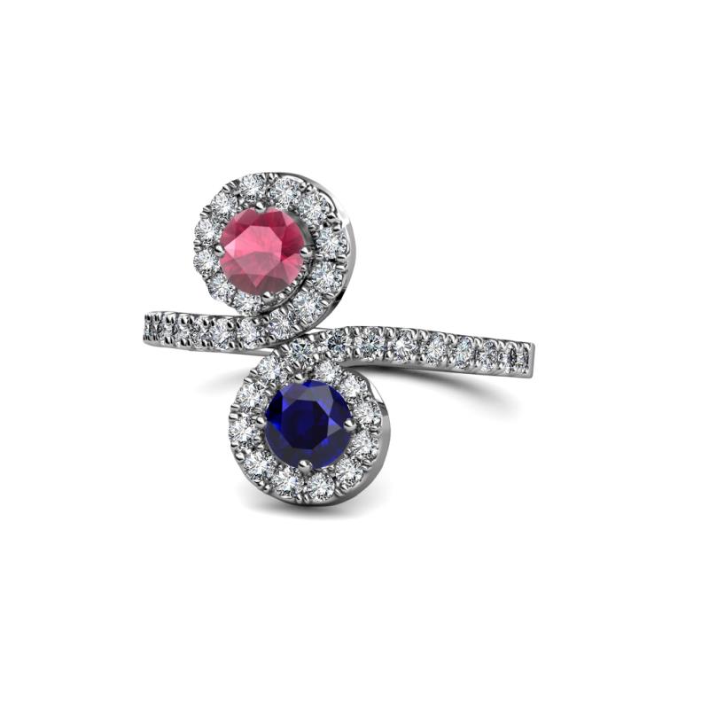 Kevia Rhodolite Garnet and Blue Sapphire with Side Diamonds Bypass Ring 