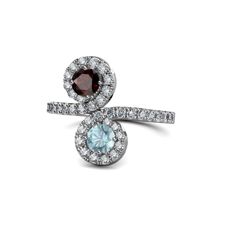 Kevia Red Garnet and Aquamarine with Side Diamonds Bypass Ring 