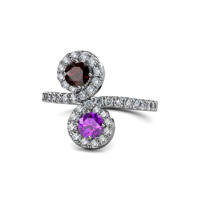 Kevia Red Garnet and Amethyst with Side Diamonds Bypass Ring 