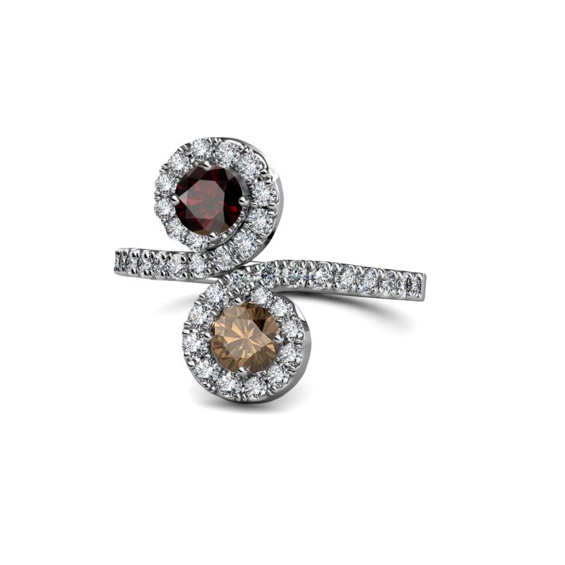 Kevia Red Garnet and Smoky Quartz with Side Diamonds Bypass Ring 