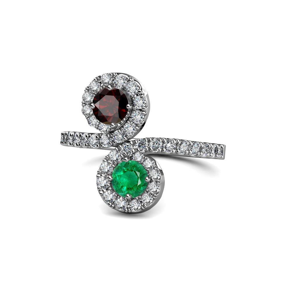 Kevia Red Garnet and Emerald with Side Diamonds Bypass Ring 
