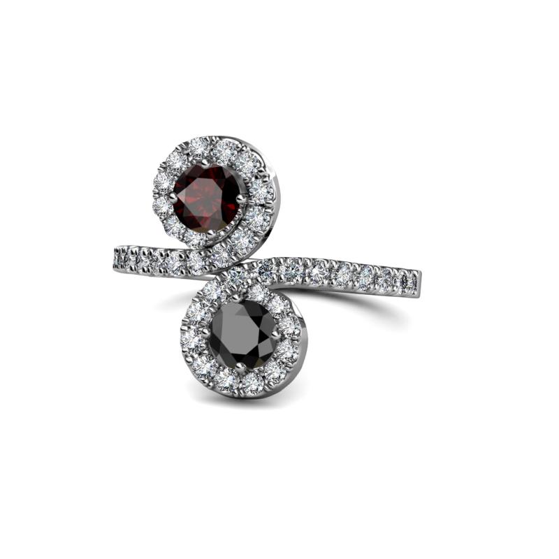 Kevia Red Garnet and Black Diamond with Side Diamonds Bypass Ring 