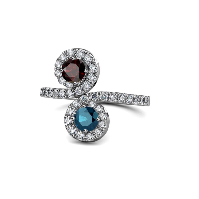 Kevia Red Garnet and Blue Diamond with Side Diamonds Bypass Ring 