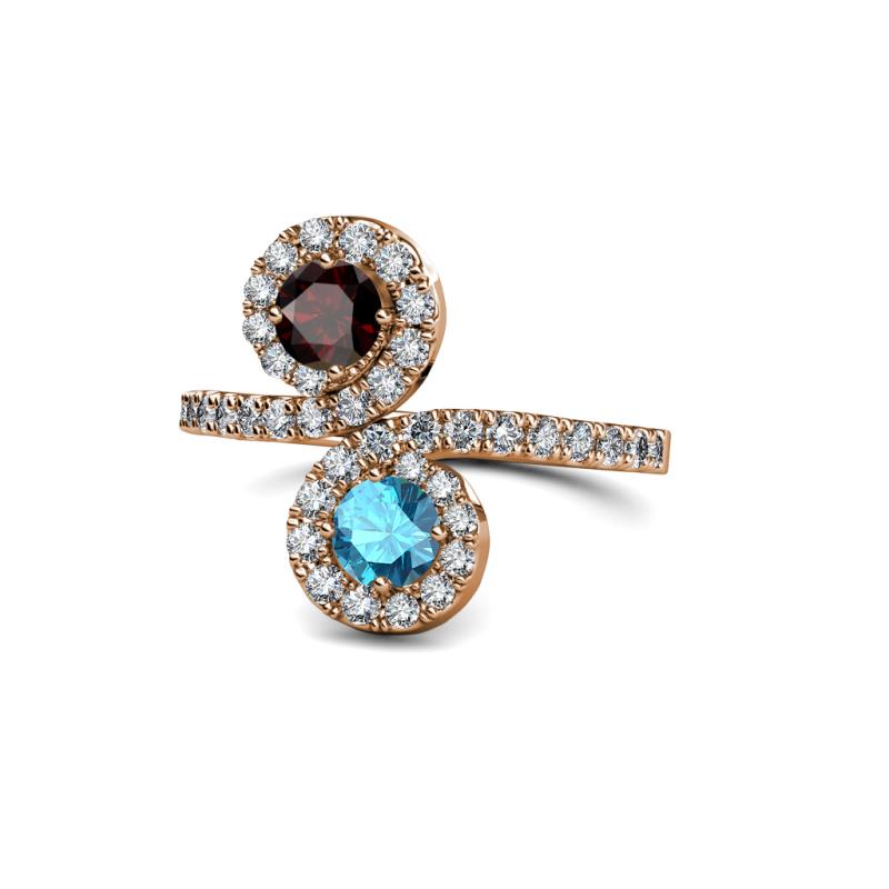Kevia Red Garnet and London Blue Topaz with Side Diamonds Bypass Ring 