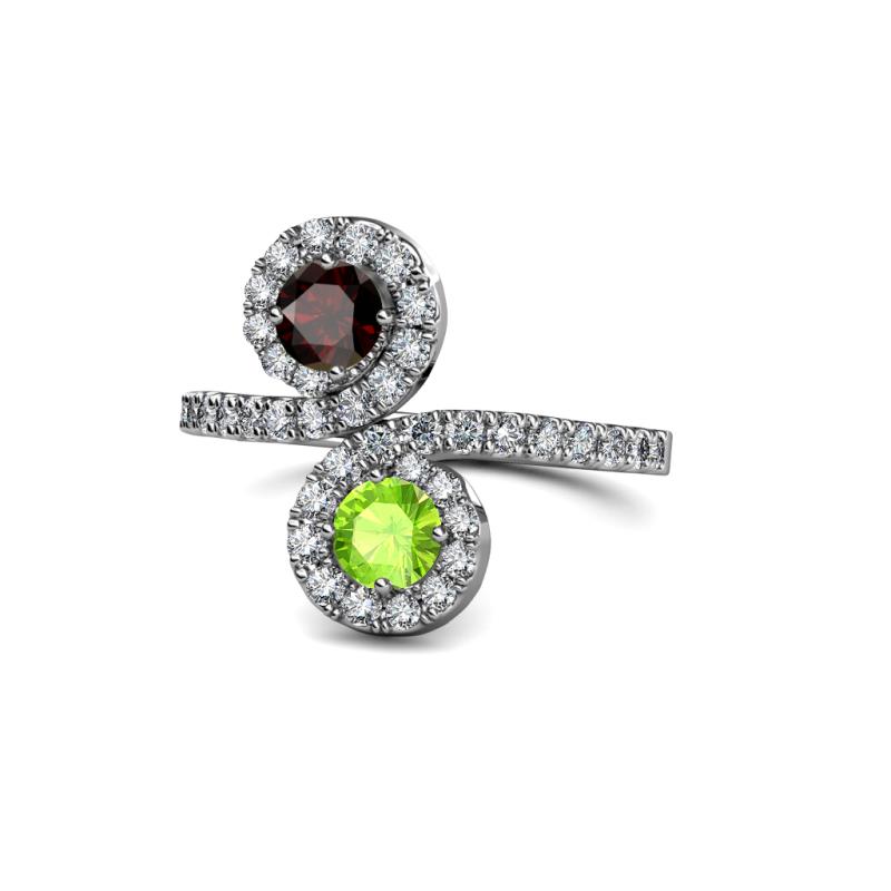Kevia Red Garnet and Peridot with Side Diamonds Bypass Ring 