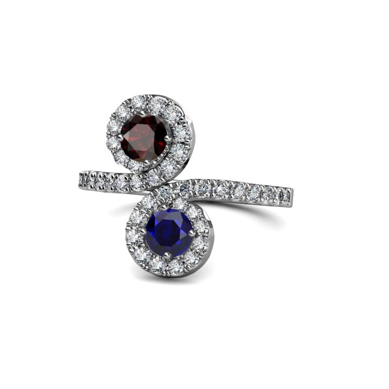 Kevia Red Garnet and Blue Sapphire with Side Diamonds Bypass Ring 