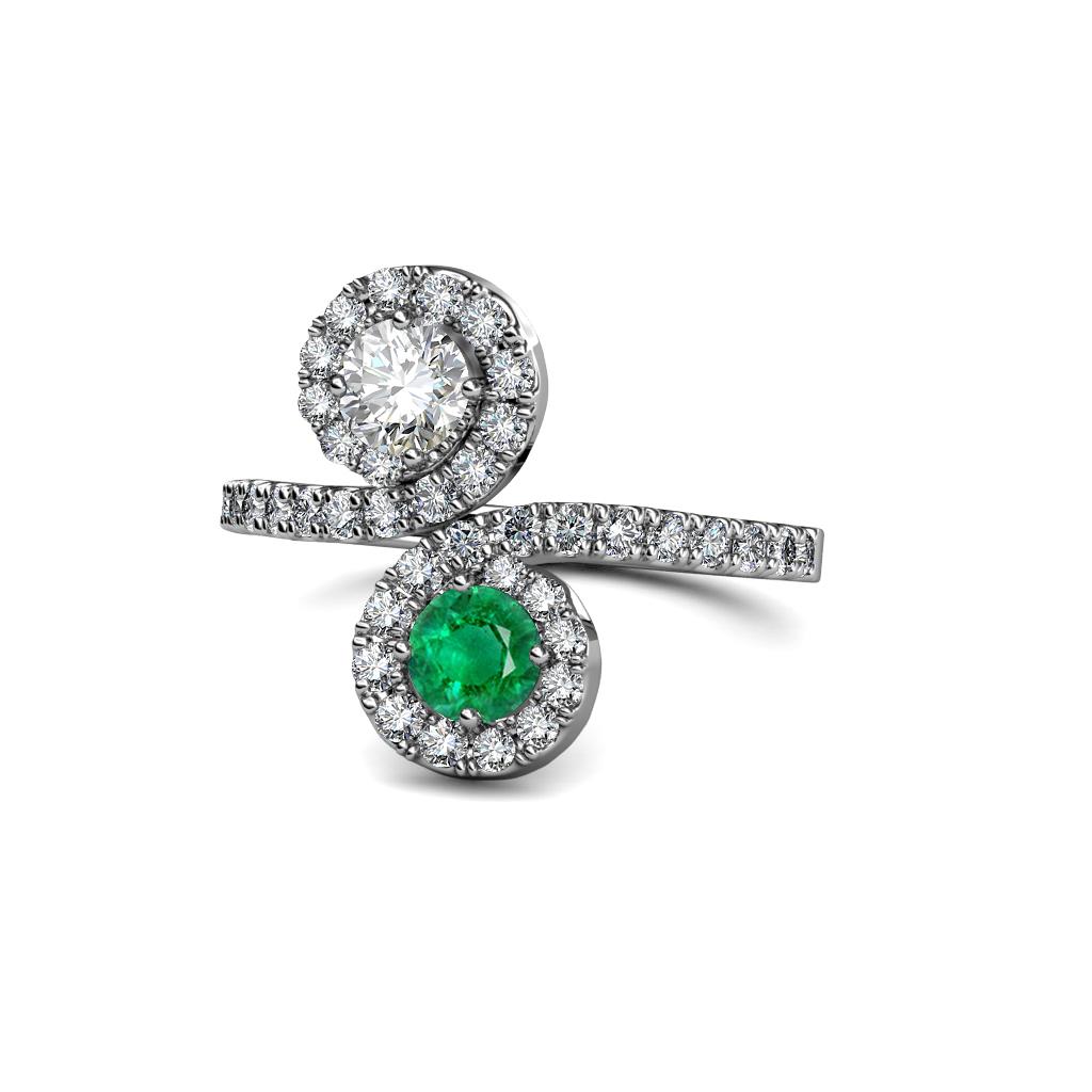Kevia Diamond and Emerald with Side Diamonds Bypass Ring 