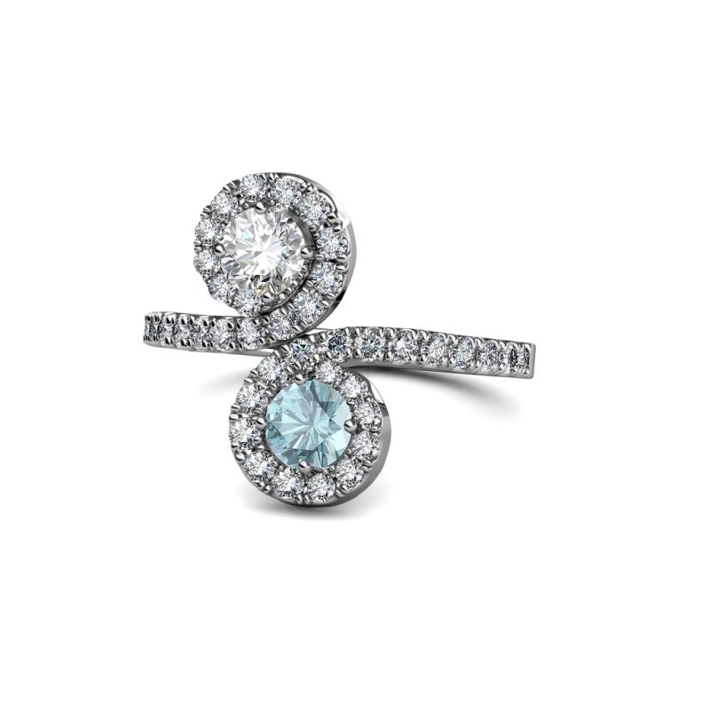 Kevia Diamond and Aquamarine with Side Diamonds Bypass Ring 