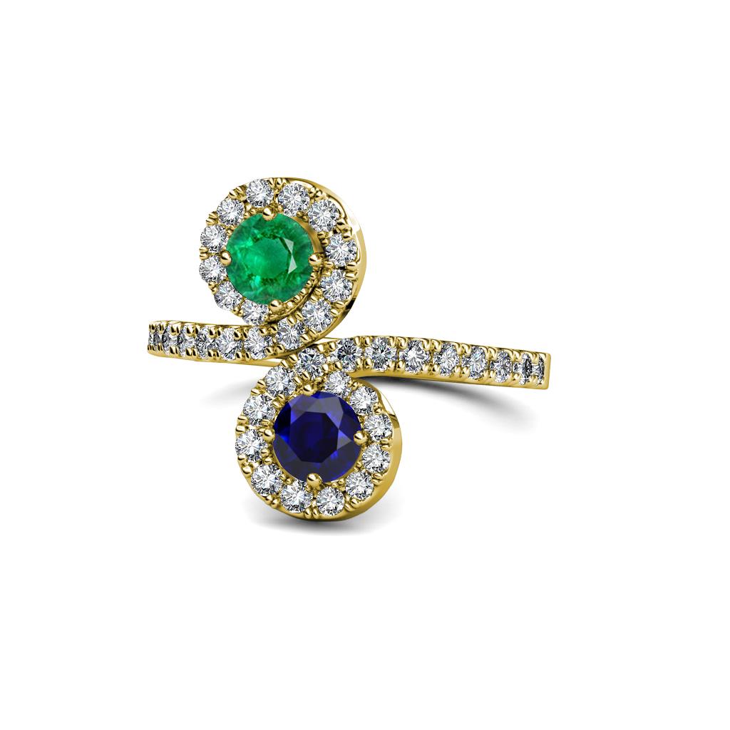Kevia Emerald and Blue Sapphire with Side Diamonds Bypass Ring 