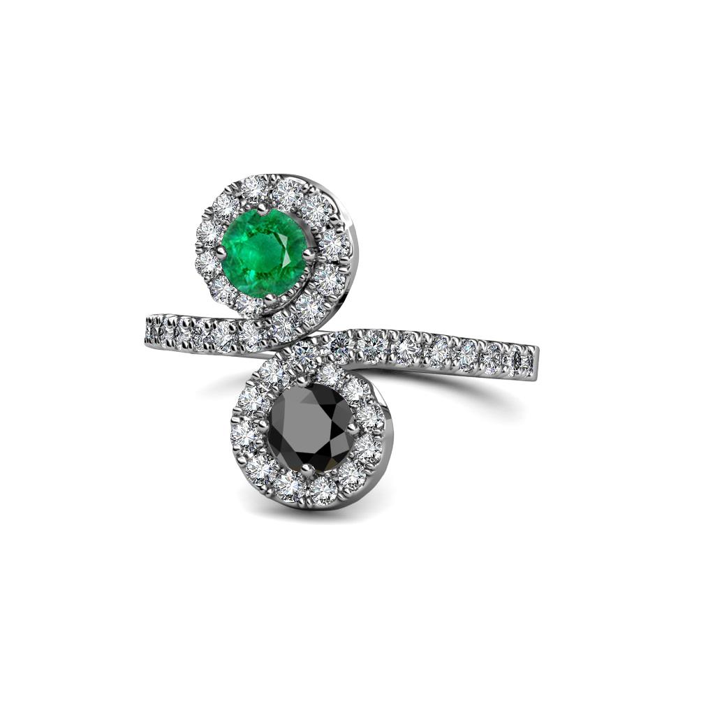 Kevia Emerald and Black Diamond with Side Diamonds Bypass Ring 