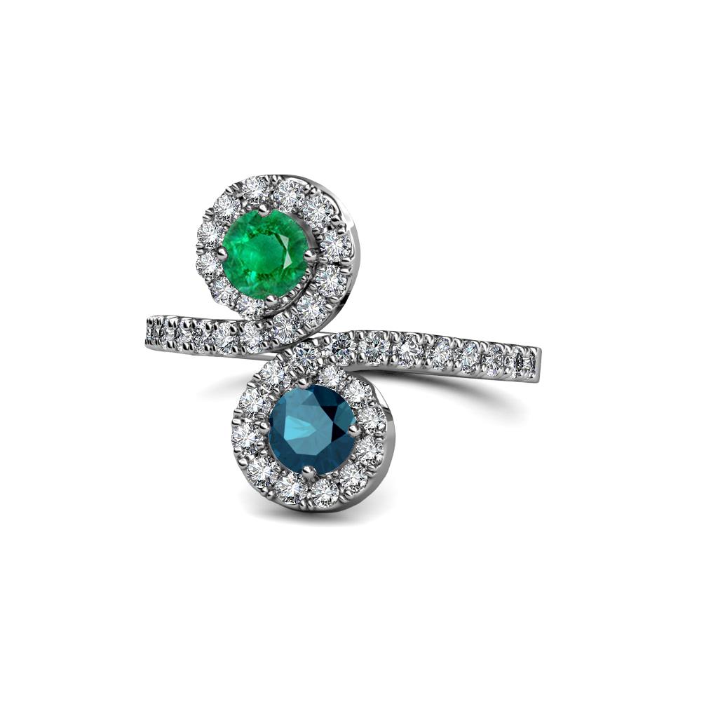 Kevia Emerald and Blue Diamond with Side Diamonds Bypass Ring 