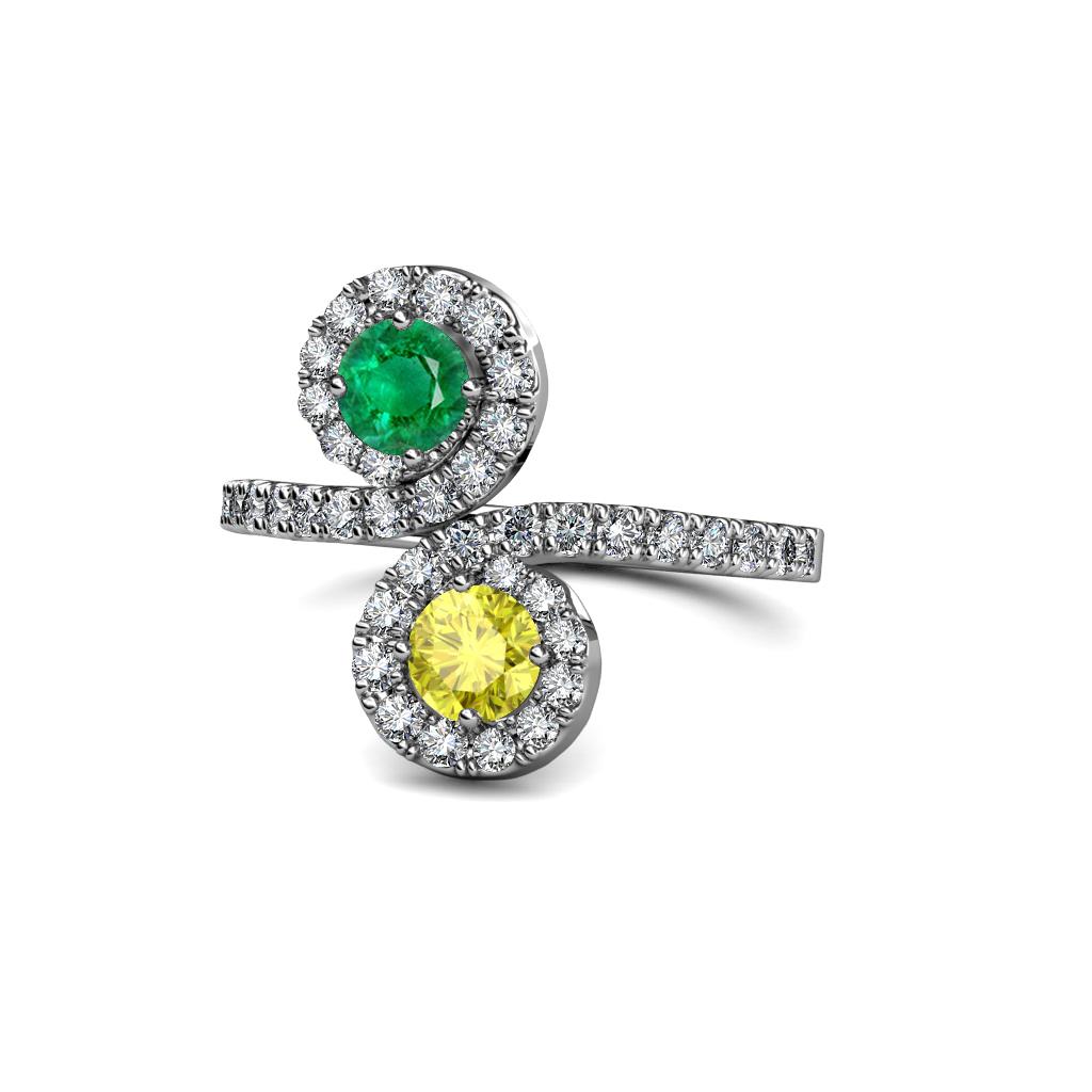 Kevia Emerald and Yellow Diamond with Side Diamonds Bypass Ring 