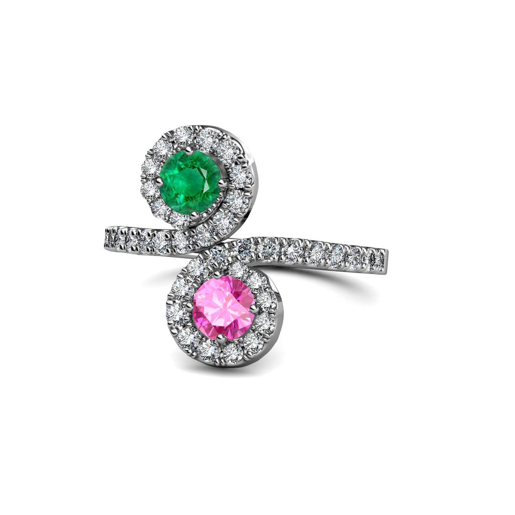 Kevia Emerald and Pink Sapphire with Side Diamonds Bypass Ring 