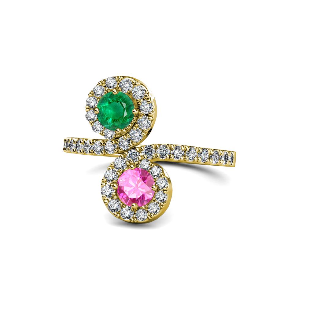 Kevia Emerald and Pink Sapphire with Side Diamonds Bypass Ring 