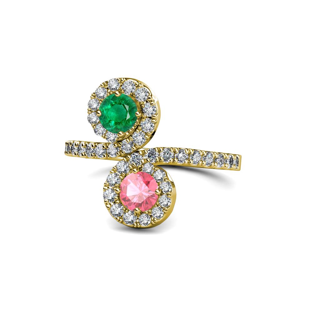 Kevia Emerald and Pink Tourmaline with Side Diamonds Bypass Ring 