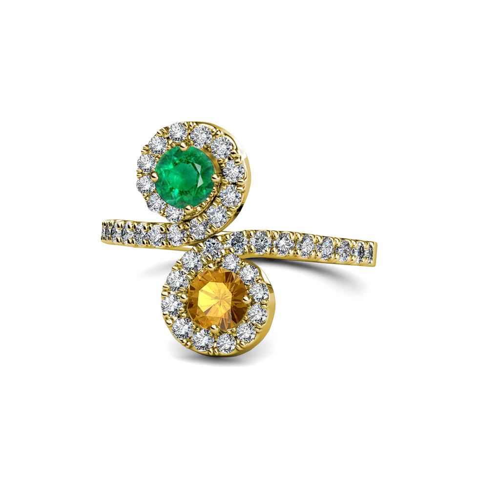 Kevia Emerald and Citrine with Side Diamonds Bypass Ring 