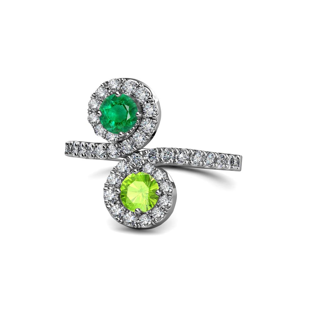 Kevia Emerald and Peridot with Side Diamonds Bypass Ring 