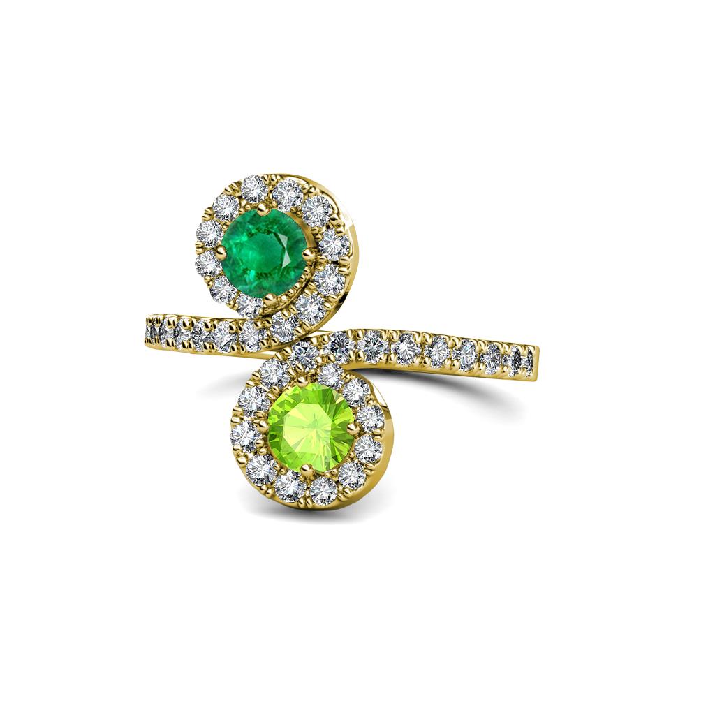 Kevia Emerald and Peridot with Side Diamonds Bypass Ring 