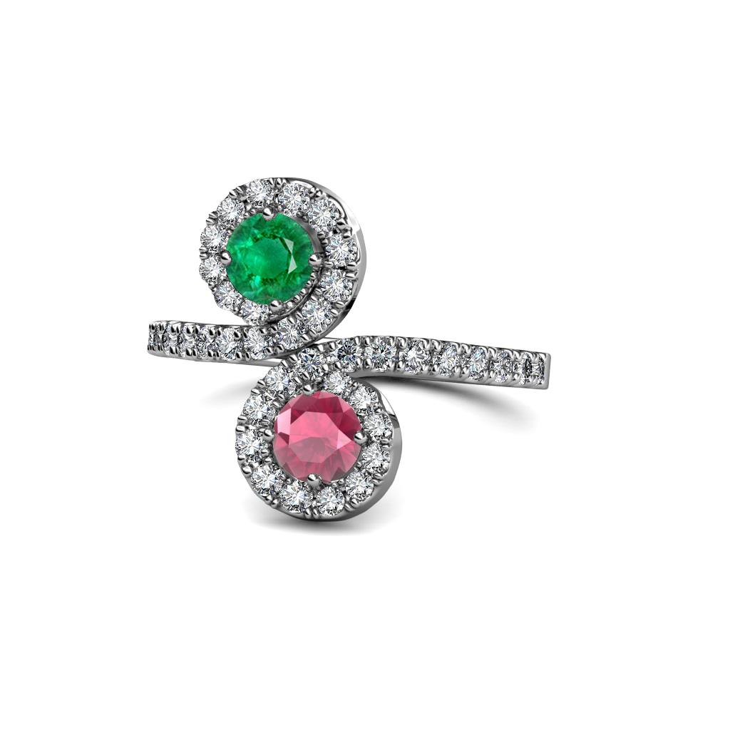 Kevia Emerald and Rhodolite Garnet with Side Diamonds Bypass Ring 