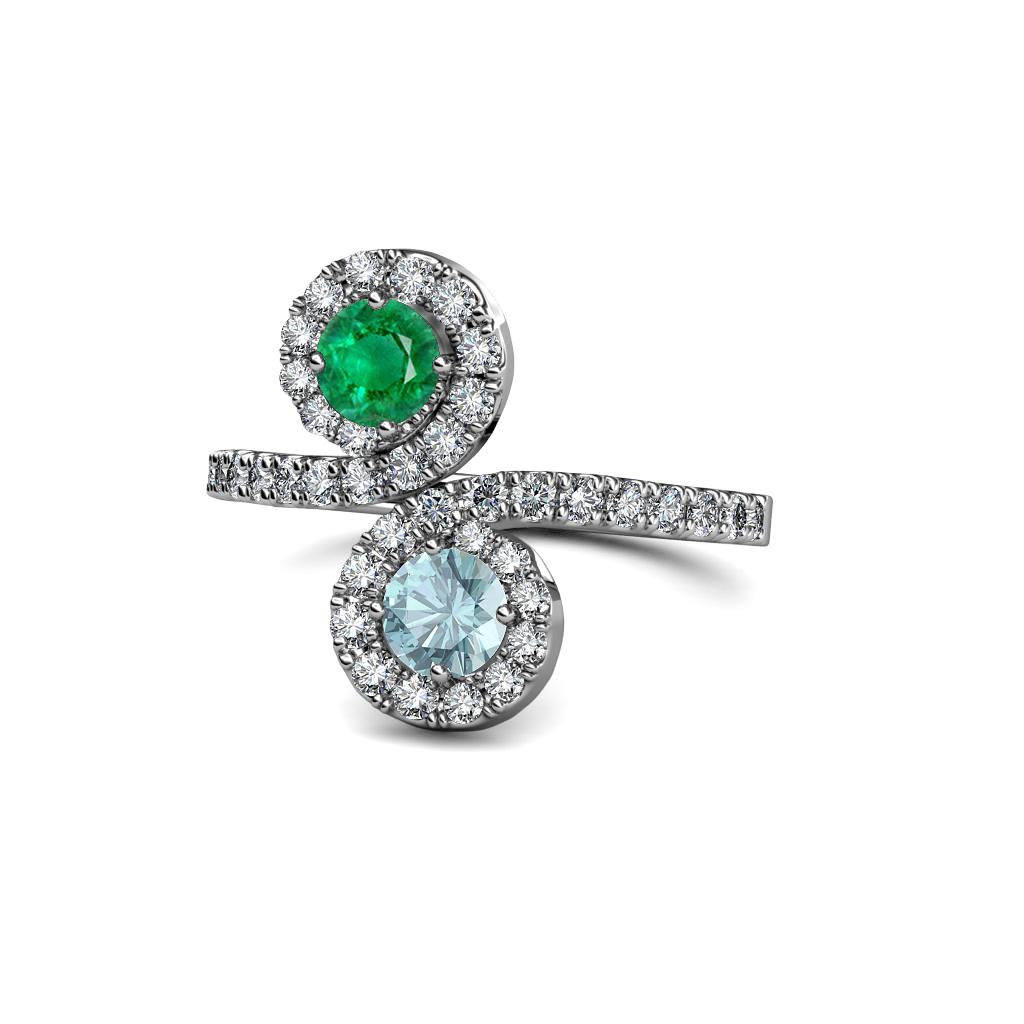 Kevia Emerald and Aquamarine with Side Diamonds Bypass Ring 