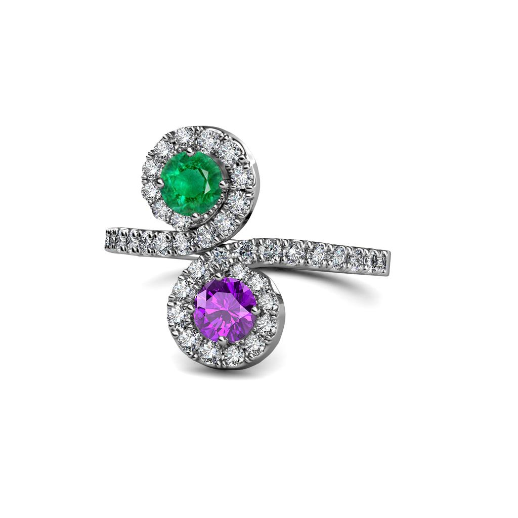 Kevia Emerald and Amethyst with Side Diamonds Bypass Ring 