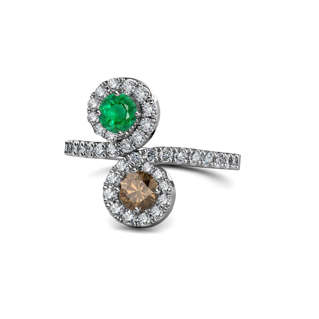 Kevia Emerald and Smoky Quartz with Side Diamonds Bypass Ring 