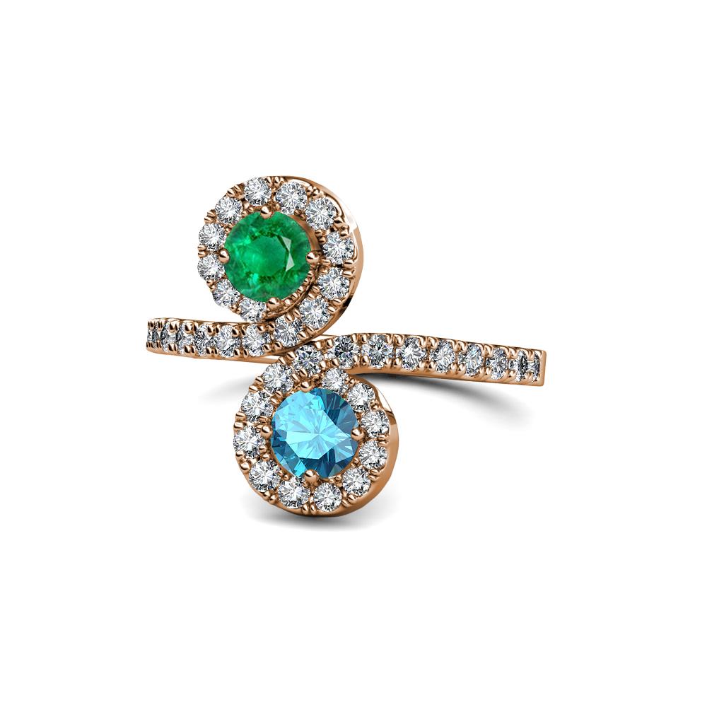 Kevia Emerald and London Blue Topaz with Side Diamonds Bypass Ring 