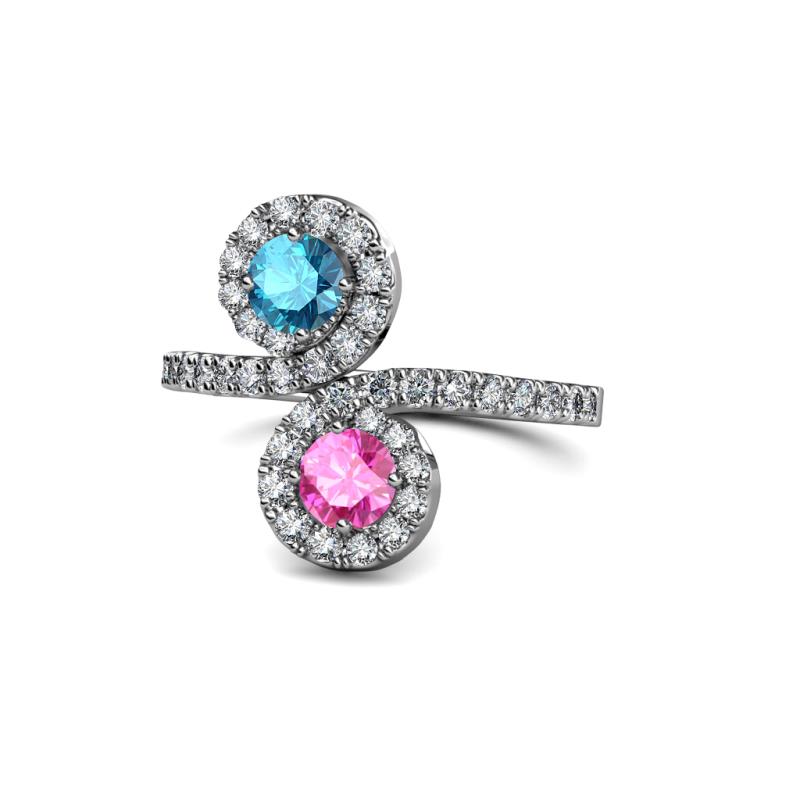 Kevia London Blue Topaz and Pink Sapphire with Side Diamonds Bypass Ring 