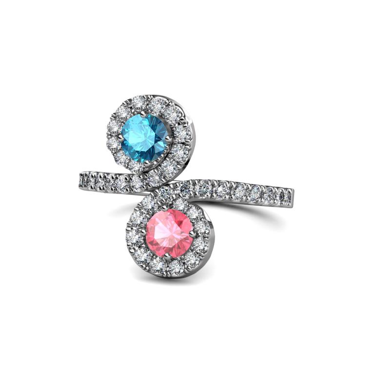 Kevia London Blue Topaz and Pink Tourmaline with Side Diamonds Bypass Ring 