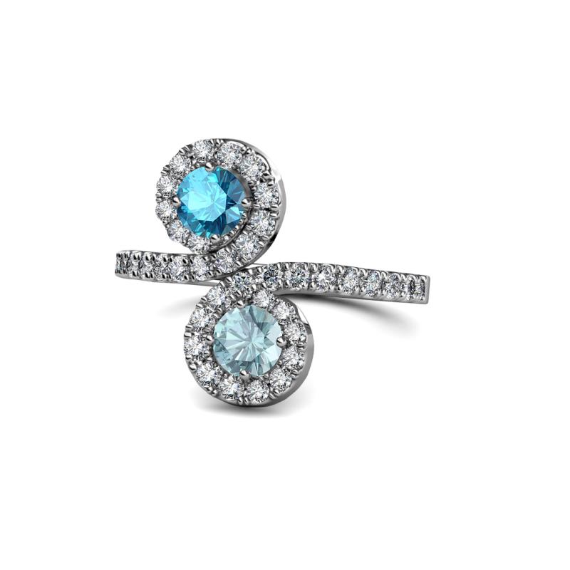 Kevia London Blue Topaz and Aquamarine with Side Diamonds Bypass Ring 