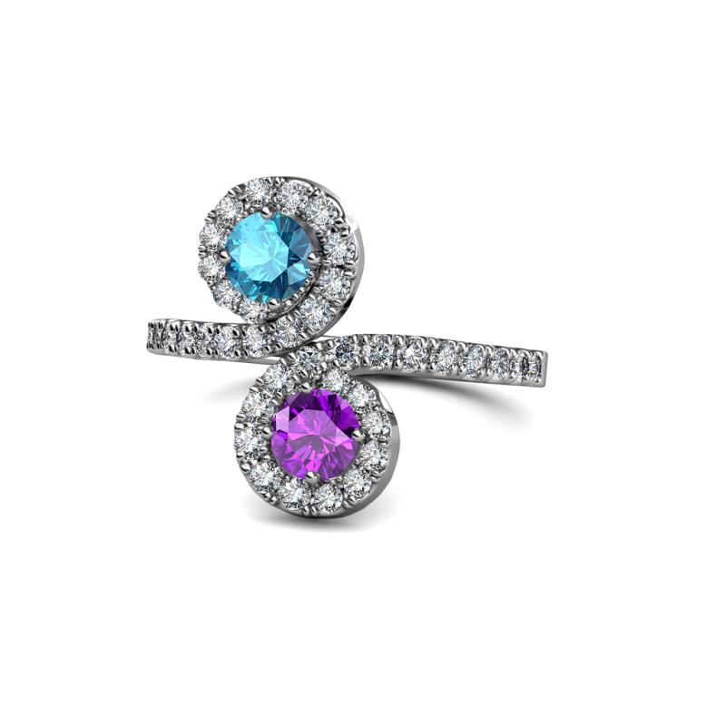Kevia London Blue Topaz and Amethyst with Side Diamonds Bypass Ring 
